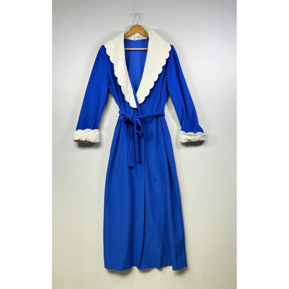 Vintage Royal Blue Robe Shawl Collar Scalloped Trim Long Sleeve Belted Maxi‎